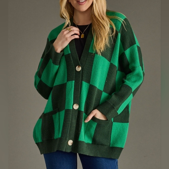 Panache Sweaters - Panache Apparel Girl Crush Oversized Cardigan In Green Checkered Size LG
